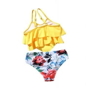 Girls' Swimwear Girls Two Piece Tankini with Shorts Swimsuit Beach Wear Halter Swimwear Beachwear (Yellow,10-12 Years)